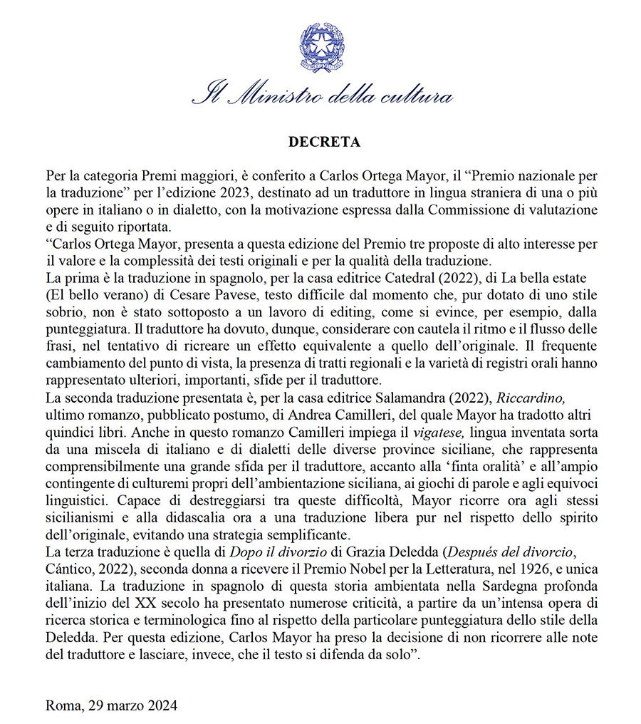 Carlos Mayor | Premio Nazionale per la Traduzione 2023